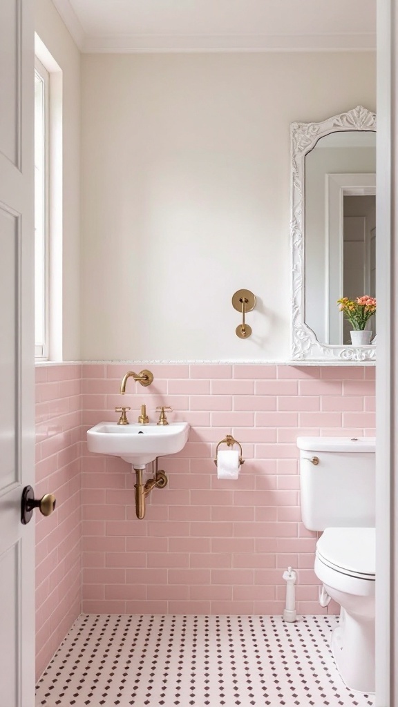 A bathroom featuring classic pink subway tiles on the walls, gold fixtures, and a decorative mirror.