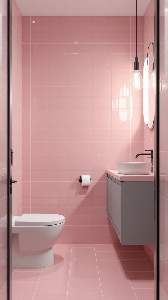 Contemporary bathroom featuring pink tiles and grey cabinetry