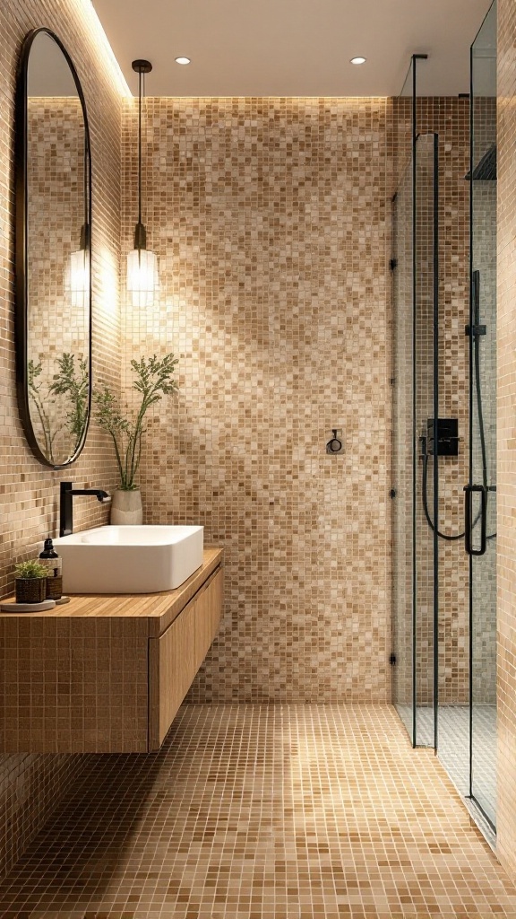 A modern bathroom featuring tan mosaic tiles on the walls and floor, wooden vanity with a white sink, and glass shower enclosure.