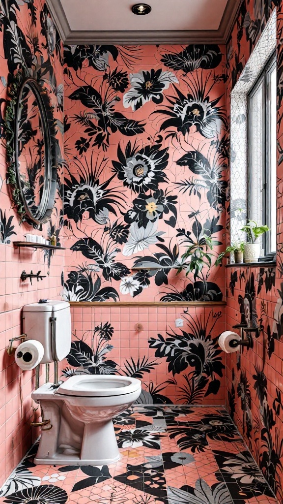 A bathroom featuring pink tiles and bold black floral patterns on the walls and floor.