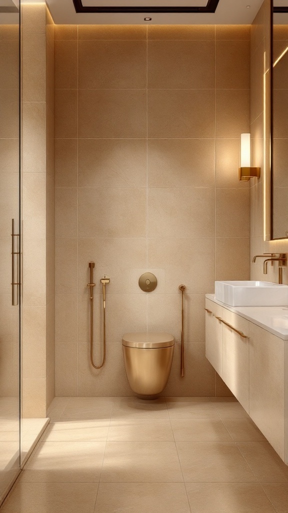 Elegant bathroom featuring tan tiles and gold fixtures