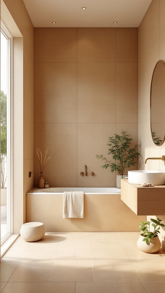 A tan tile bathroom featuring a bathtub, wooden cabinetry, plants, and natural light.