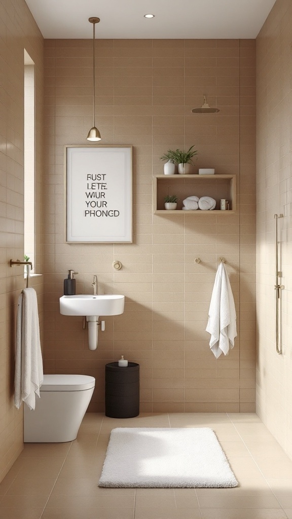 A minimalist tan and white bathroom with a clean design and modern fixtures.