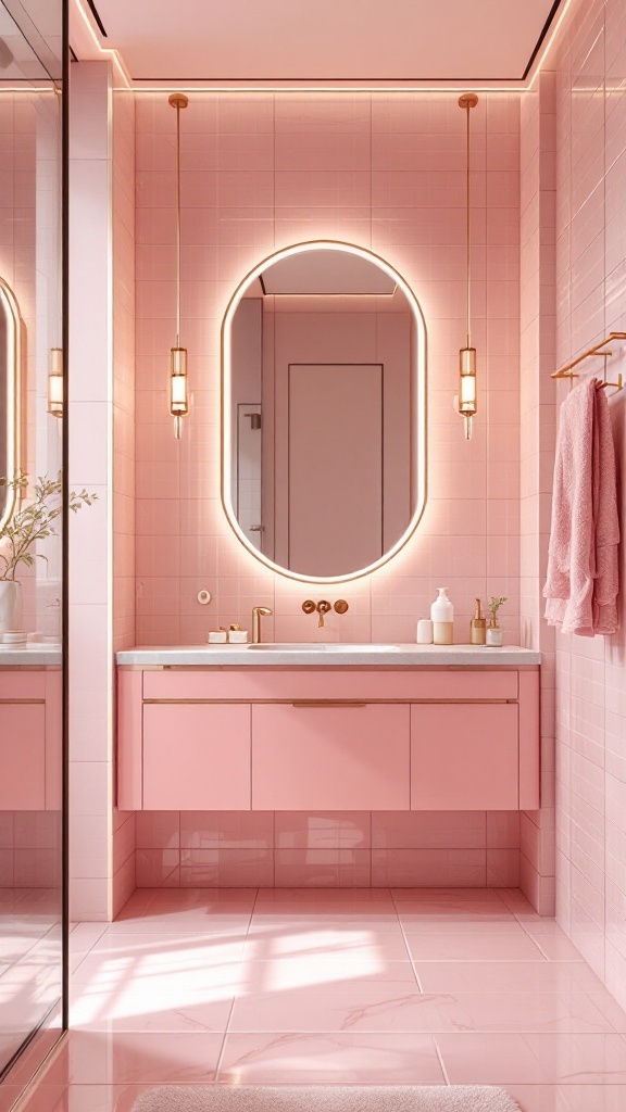 A pastel pink bathroom featuring gold accents, a circular mirror, and modern fixtures.