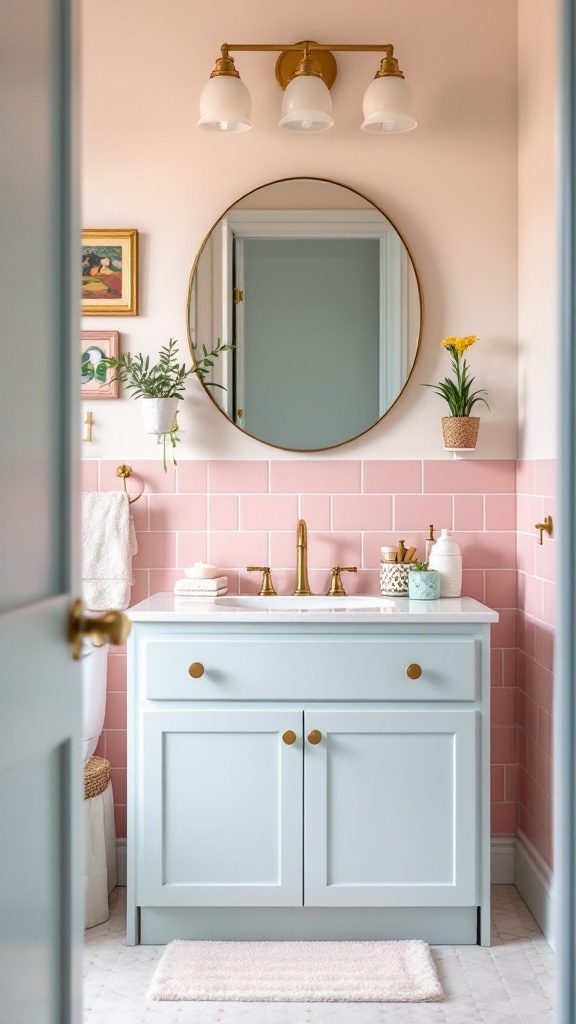 A stylish bathroom featuring a pink tile backsplash, light blue vanity, and decorative plants