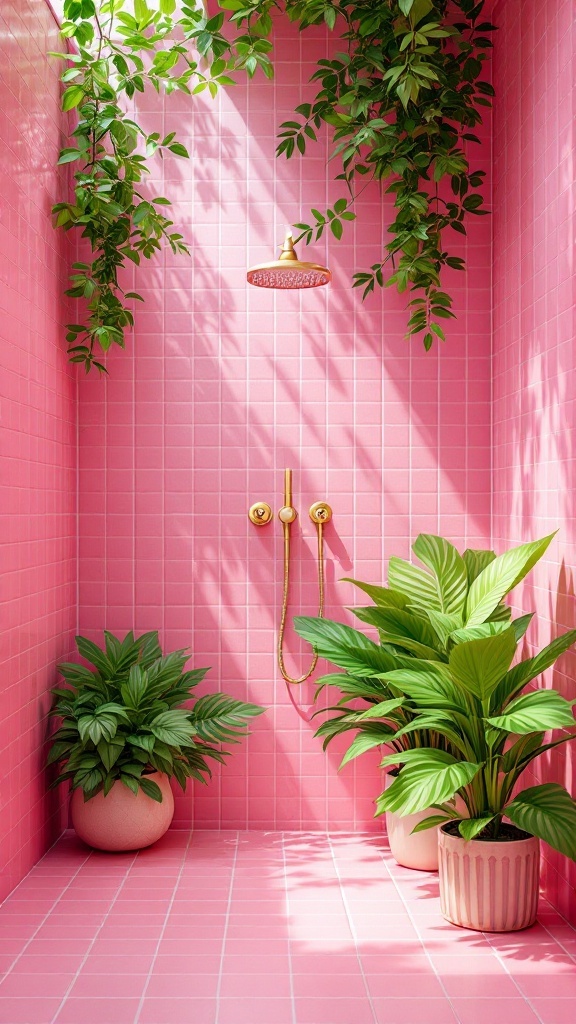 A pink tile shower nook with plants and golden fixtures.