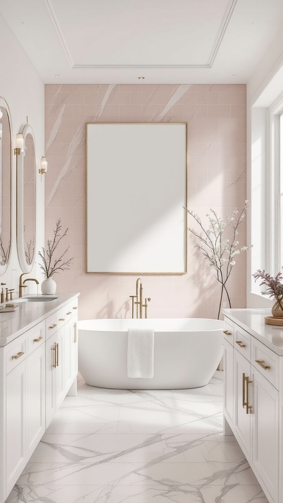 A stylish bathroom featuring blush tile walls, a freestanding tub, white cabinetry, and marble flooring.