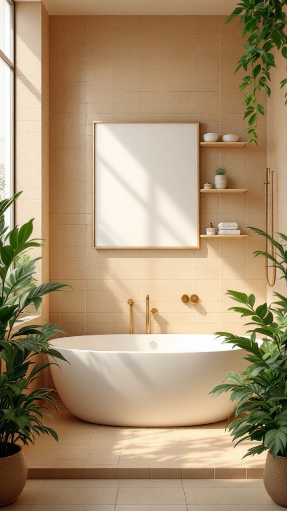 A cozy bathroom with tan tiles, a white bathtub, and green plants.