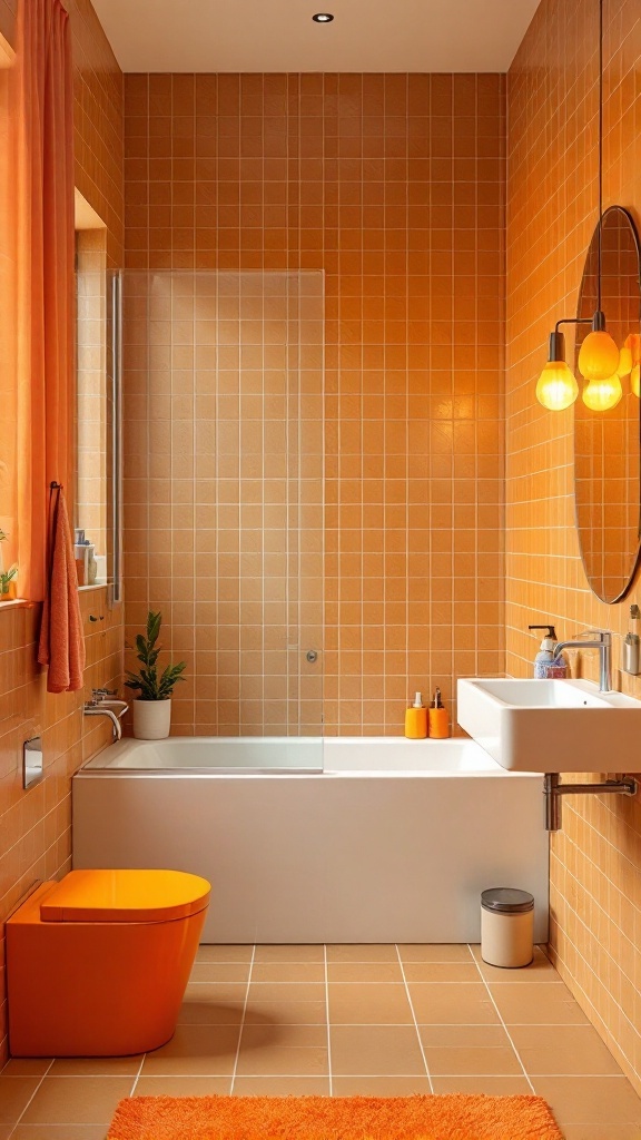 A bathroom featuring tan tiles with bold orange accents, including a toilet, bath mat, and accessories.