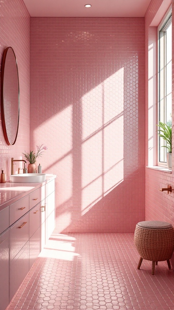 A bright bathroom featuring textured pink hexagonal tiles, natural light streaming through a window, and a round mirror above a white sink.