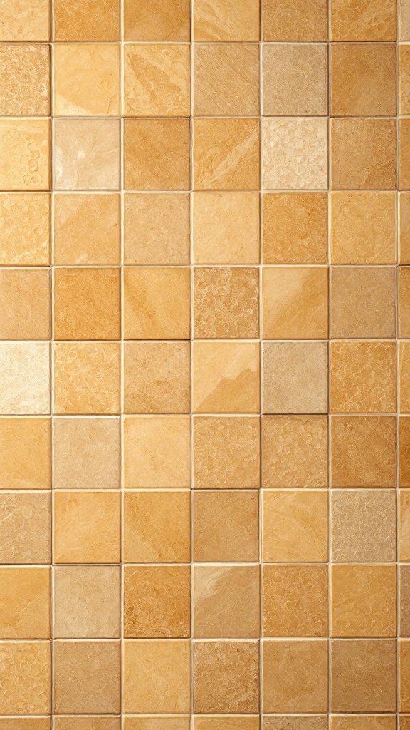 A close-up view of a tan tiled wall with a variety of textured square tiles.