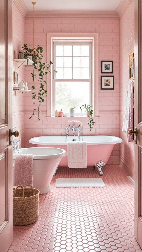 A vintage pink tiled bathroom featuring hexagon floor tiles, a white bathtub, and potted plants.