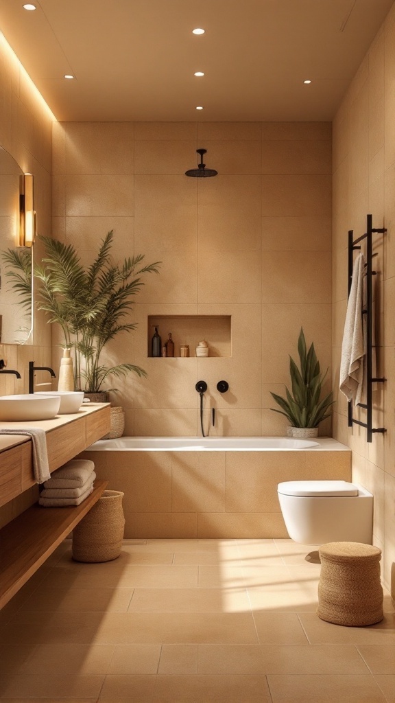 A cozy bathroom featuring tan tiles, wooden elements, and plants for a warm earthy tone.