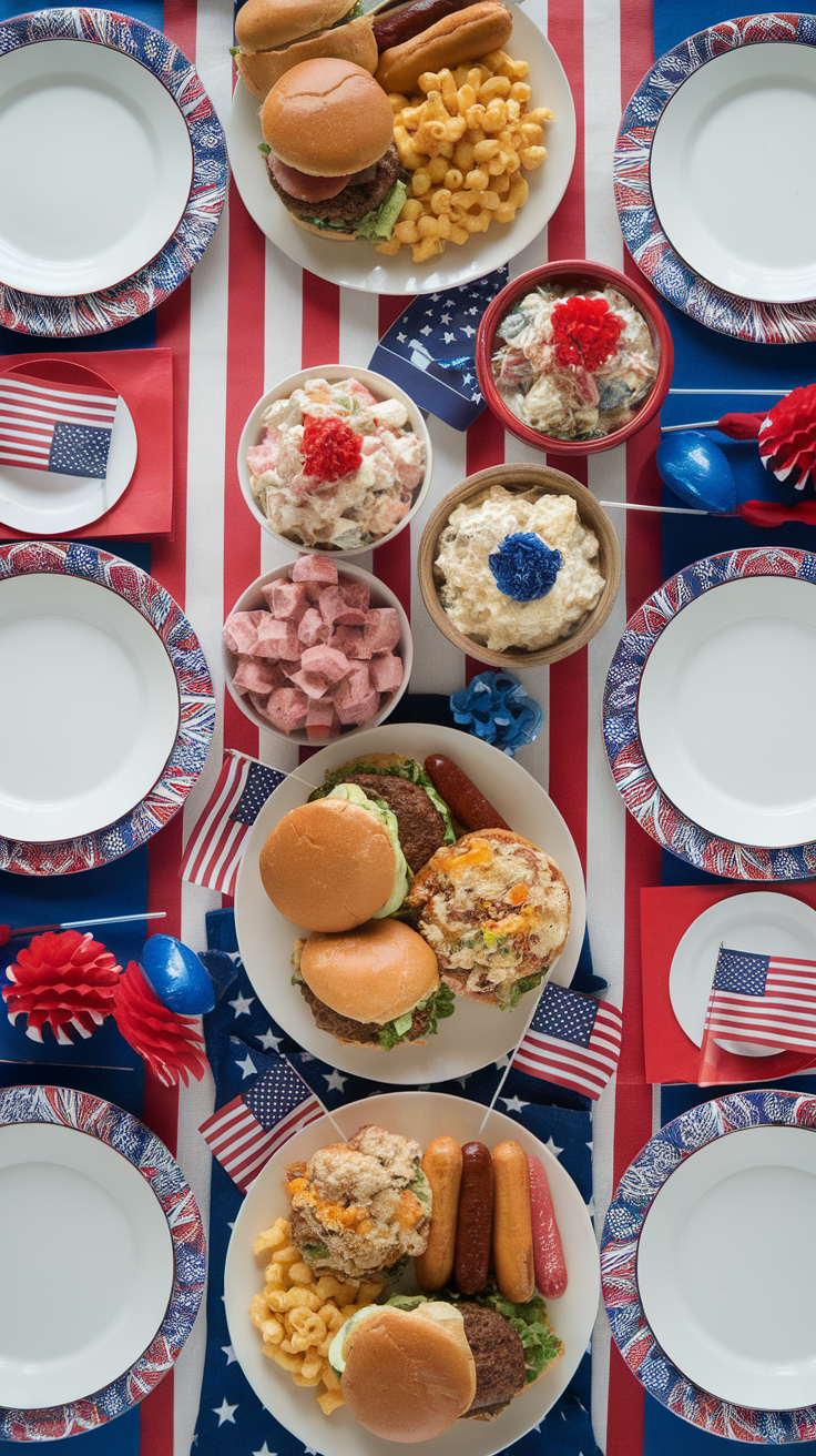 A festive 4th of July backyard table with burgers, hot dogs, and patriotic decor.