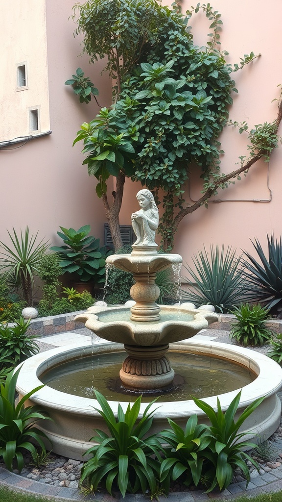 A charming garden fountain surrounded by lush greenery.