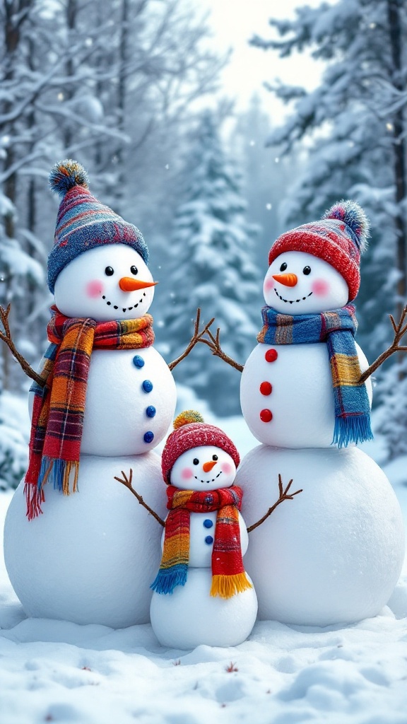 A cheerful snowman family with colorful scarves and hats standing in a snowy forest.