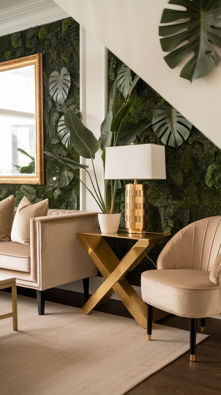 Stylish living room featuring green plants on a moss wall with gold accents.