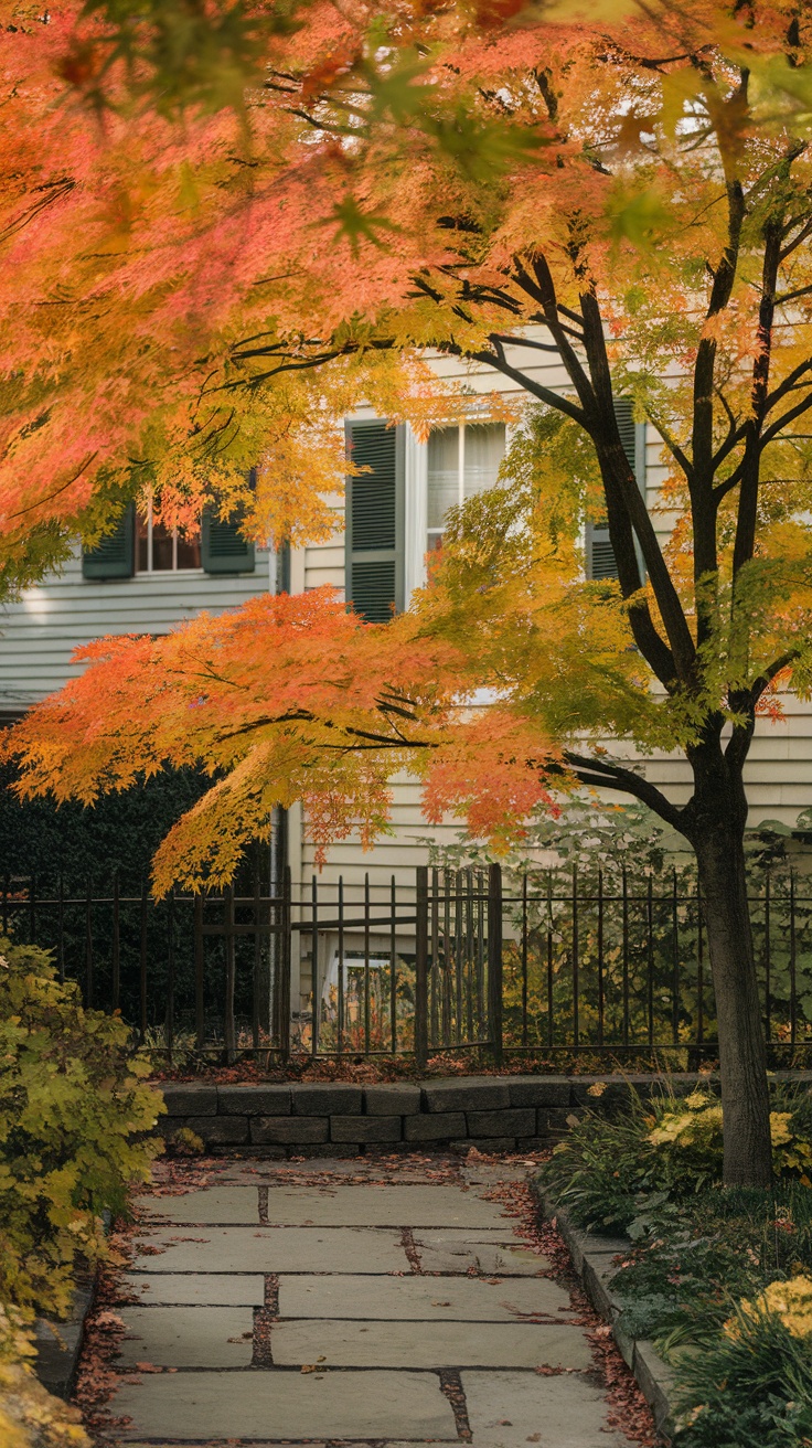 Vibrant Amur Maple tree with colorful leaves in front of a house.
