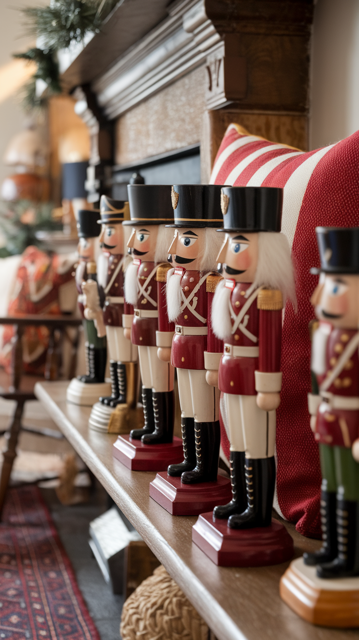 A row of antique nutcracker collectibles displayed on a shelf.