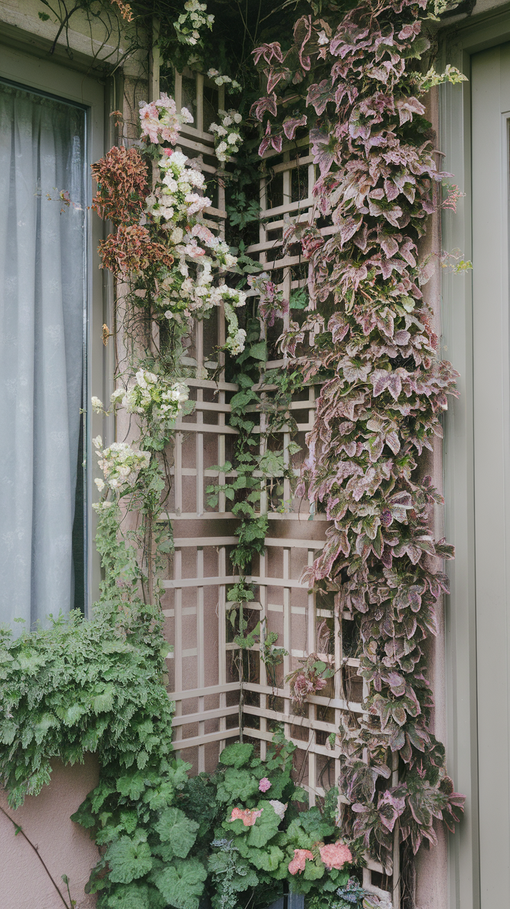 A corner garden featuring a trellis adorned with climbing plants and flowers.