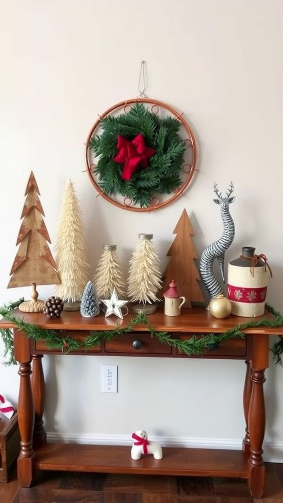 A beautifully arranged artisan holiday display with various decorative trees, a wreath, and festive accents on a wooden table.