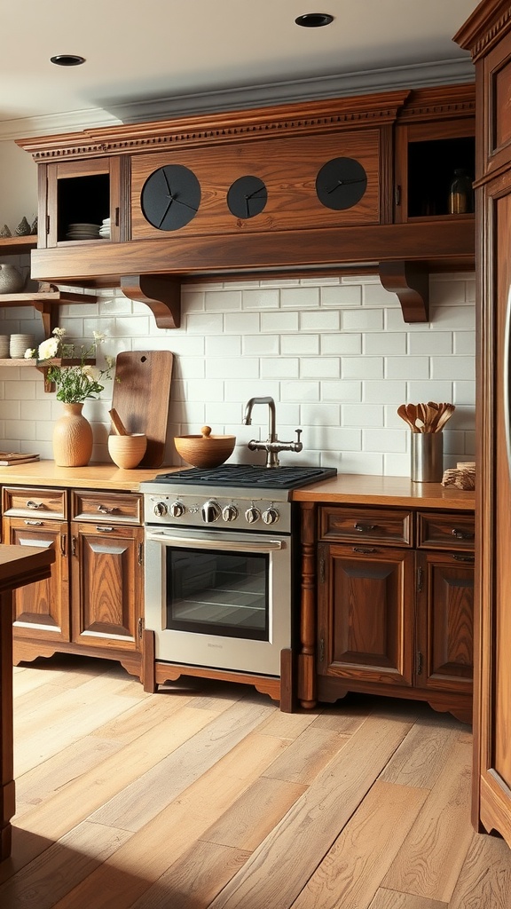 A warm wooden kitchen featuring detailed cabinets and a modern stove.