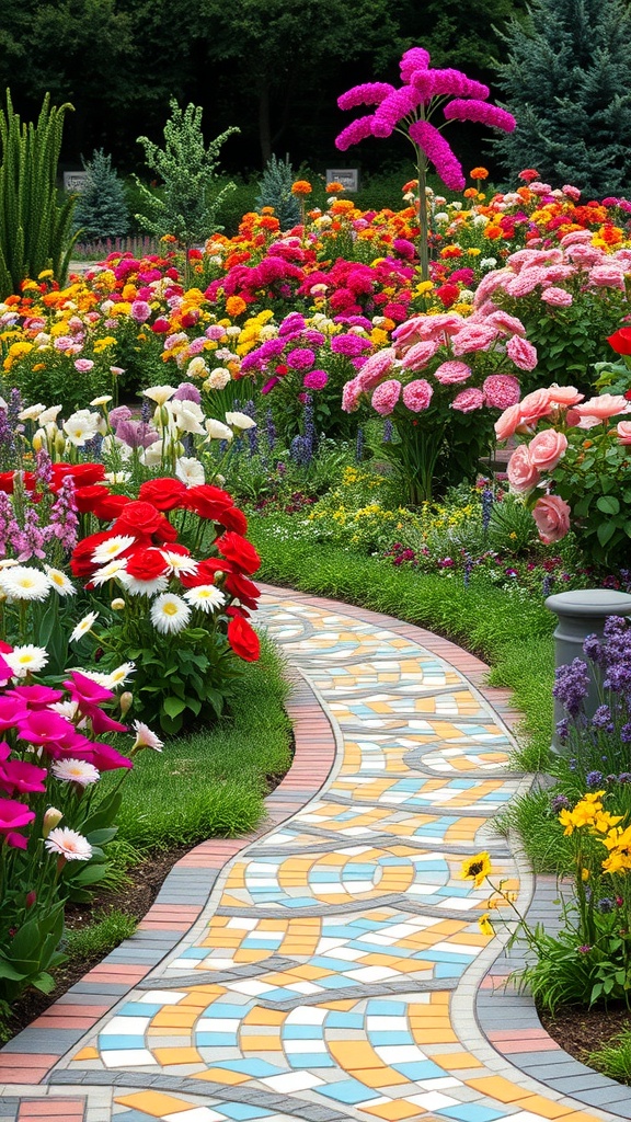 A colorful mosaic walkway surrounded by vibrant flowers in a cottage garden.