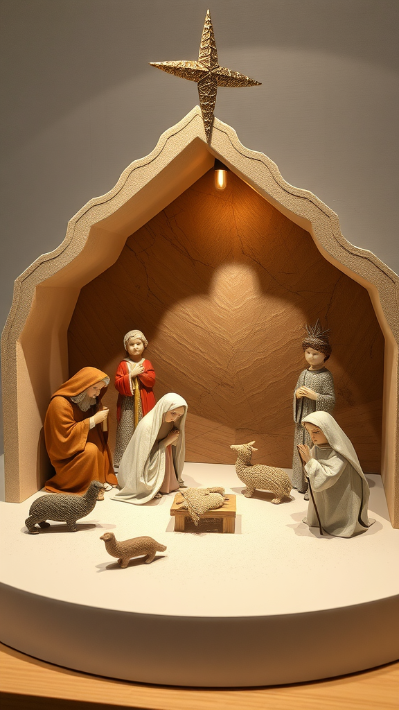 A beautifully crafted nativity scene featuring Mary, Joseph, and baby Jesus, surrounded by animals and a star.