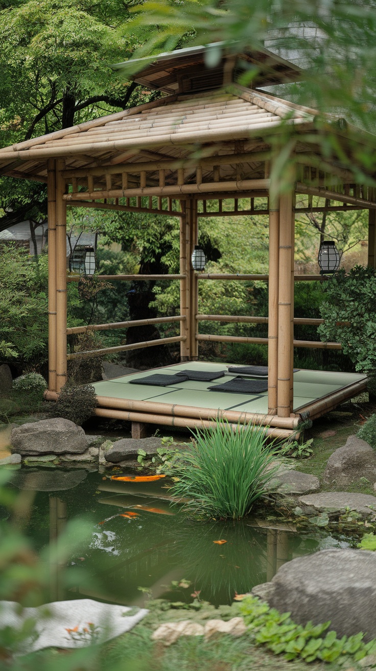 An Asian-inspired gazebo surrounded by greenery and a small pond