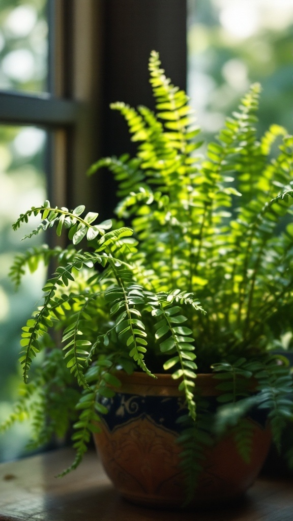 A green asparagus fern in a decorative pot by a window.