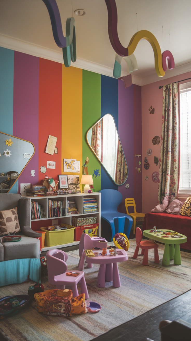 A colorful children's room featuring asymmetrical mirrors, playful furniture, and a vibrant striped wall.