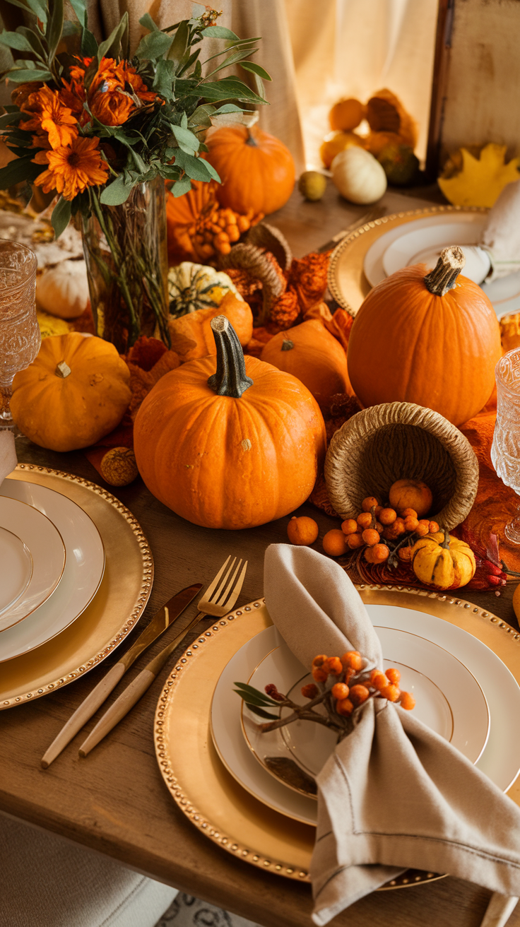 A beautifully arranged autumn harvest table with pumpkins and fall decorations.