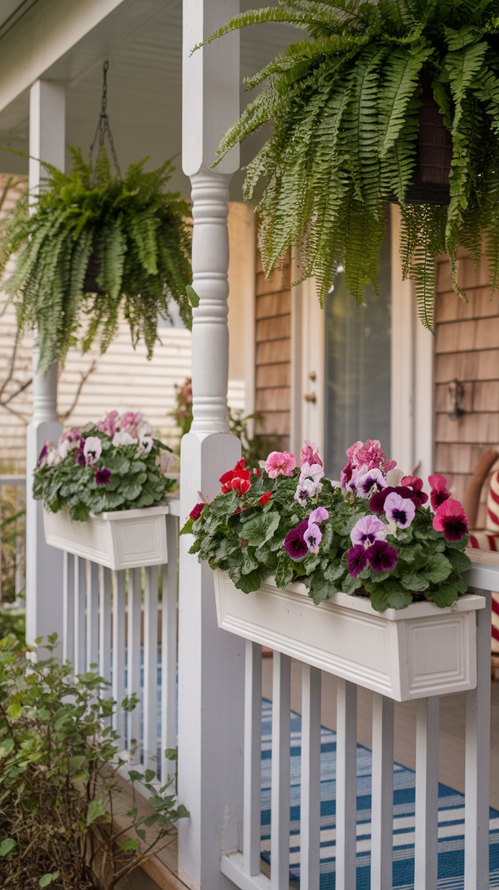 A back porch with colorful pansies in white planters and hanging ferns.
