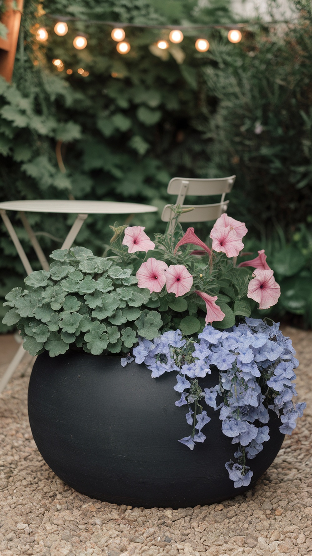 A black flower pot filled with pink petunias and blue flowers, set in a cozy backyard with string lights and a small table.