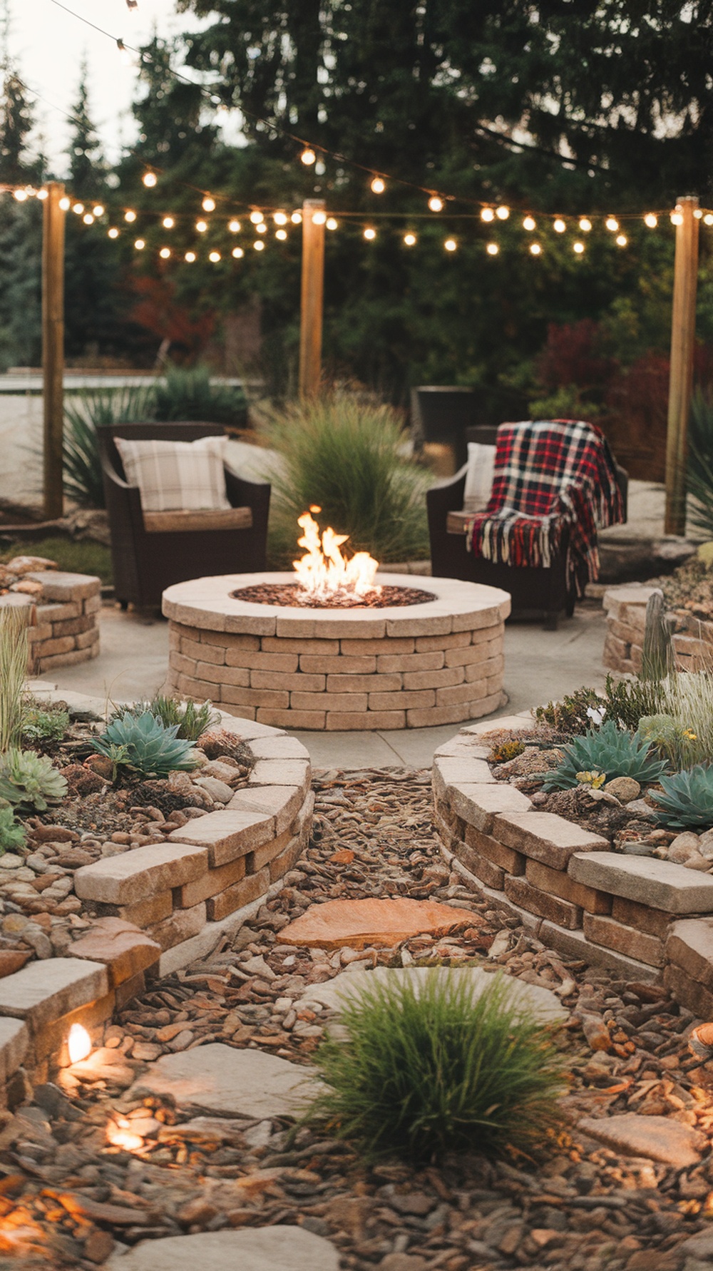 A cozy backyard fire pit surrounded by succulents and warm lighting.