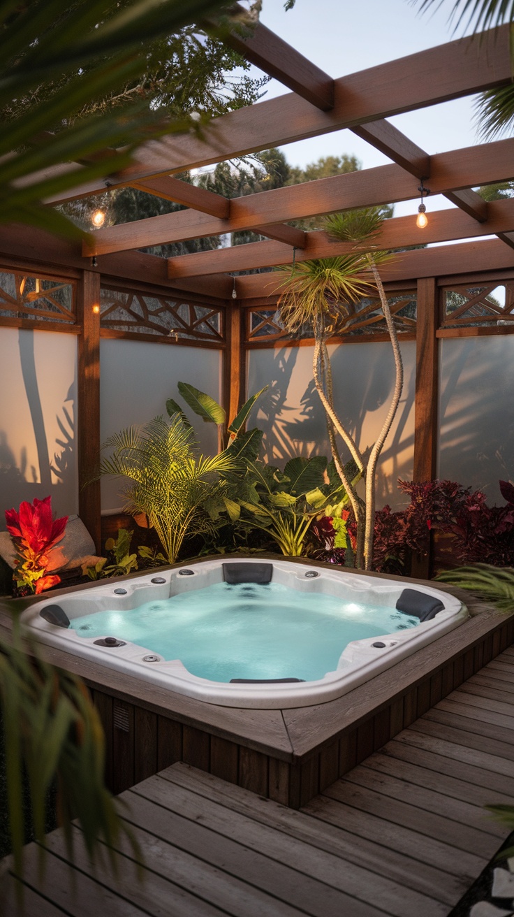 A serene backyard hot tub enclosed by a wooden pergola, surrounded by lush plants and soft lighting.