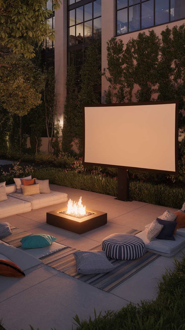 A cozy backyard patio with a large movie screen, fire pit, and comfy seating for an outdoor movie night.