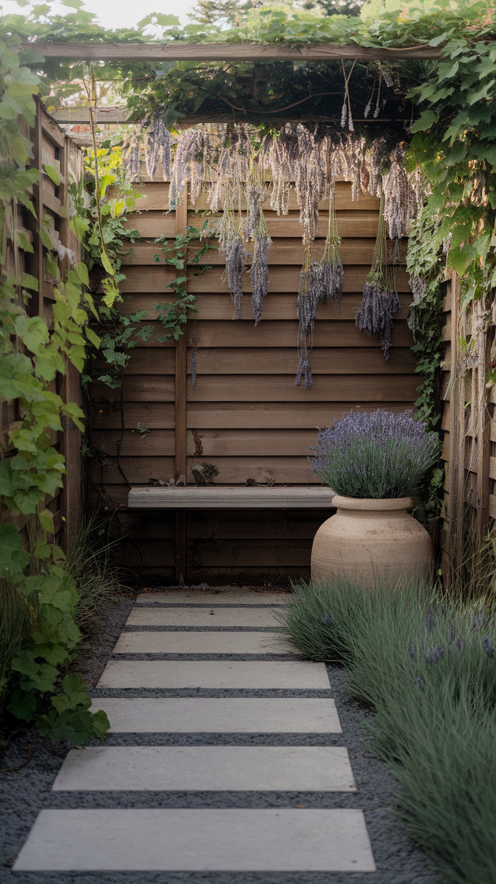 A serene backyard Zen meditation nook featuring a stone pathway, a wooden bench, and lavender plants.