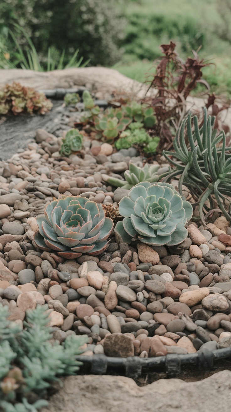 A garden featuring various sizes of river rocks and succulents.