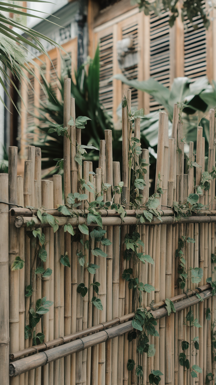 Bamboo fencing intertwined with green vines in a garden setting