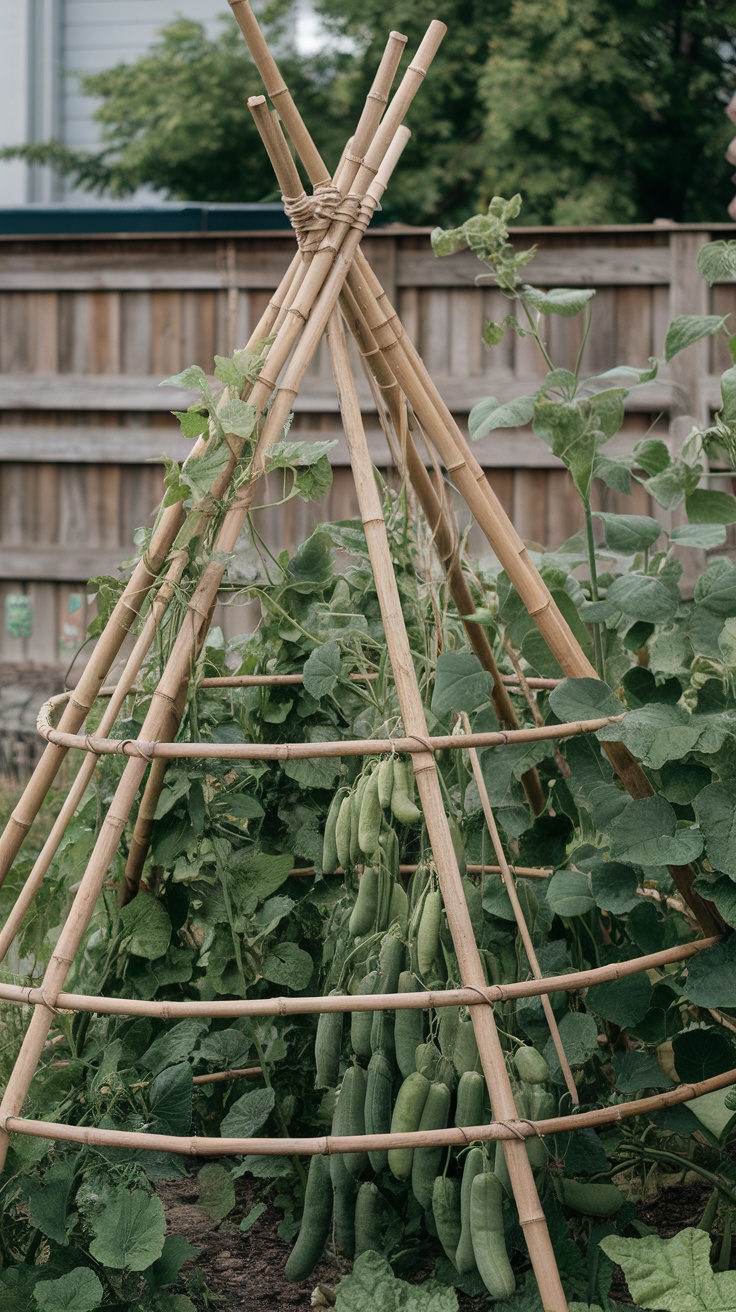 A bamboo teepee trellis supporting climbing vegetables in a garden.