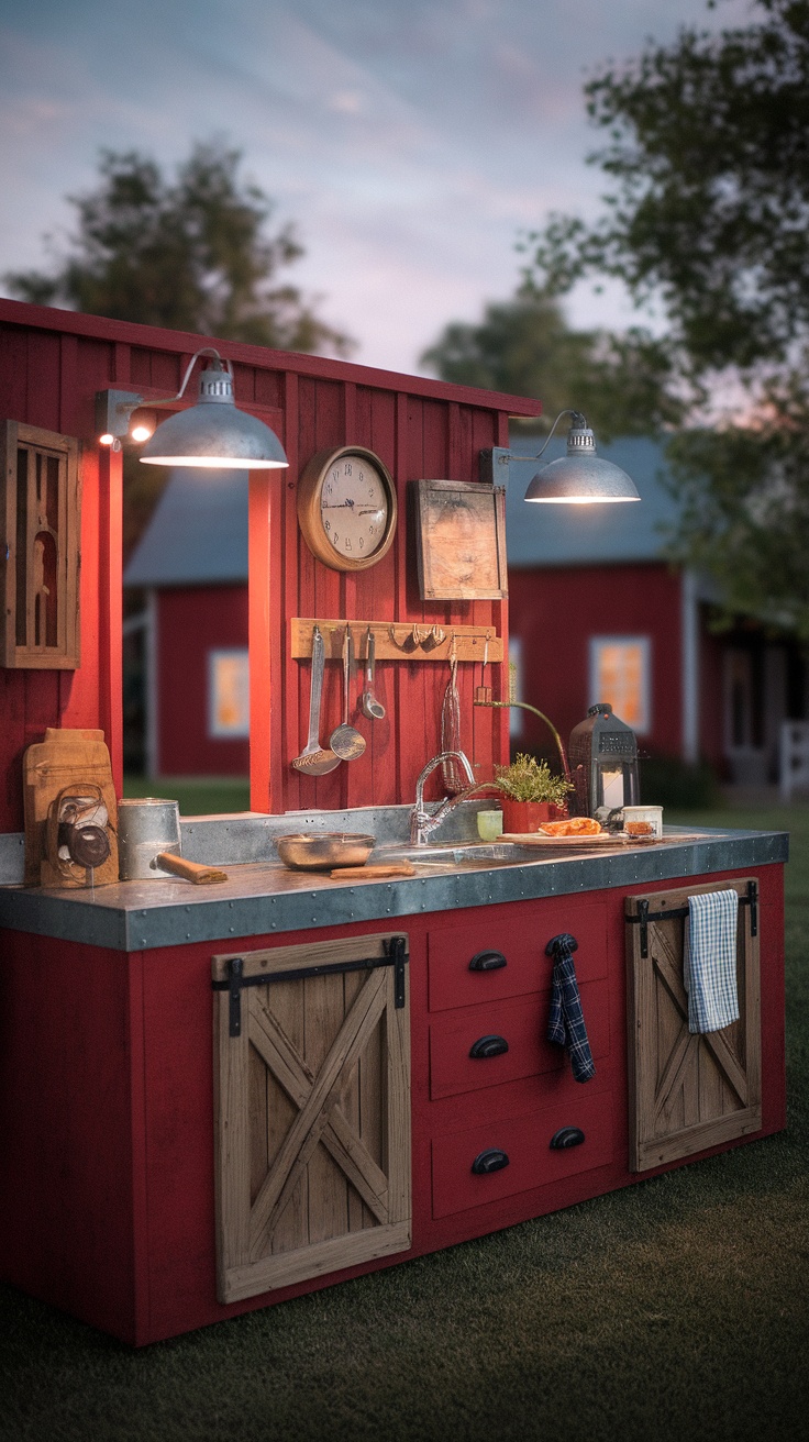 Rustic barn-style outdoor kitchen with red walls, metal countertop, and hanging utensils.