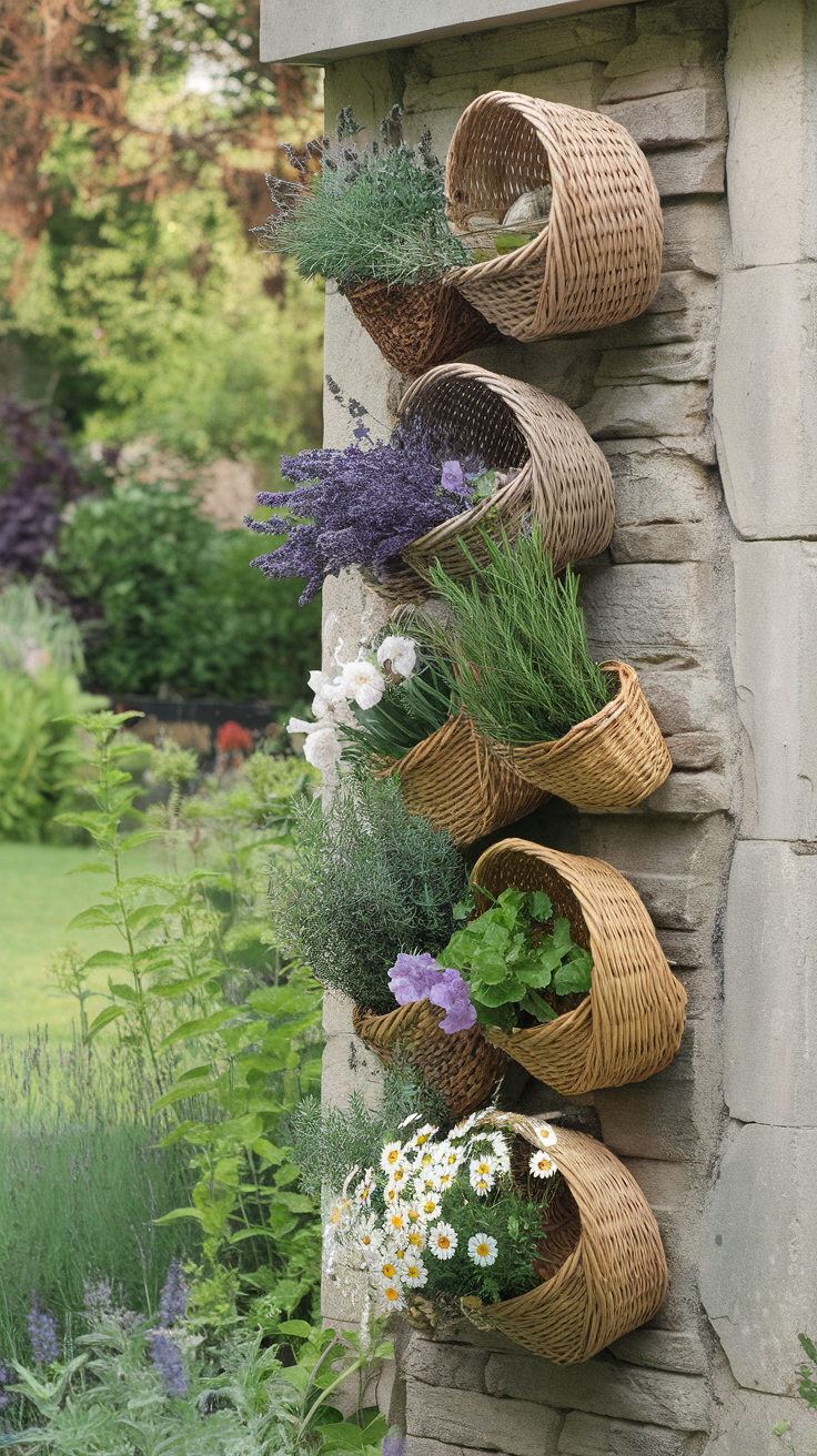 Wall mounted basket planters with various herbs and flowers.