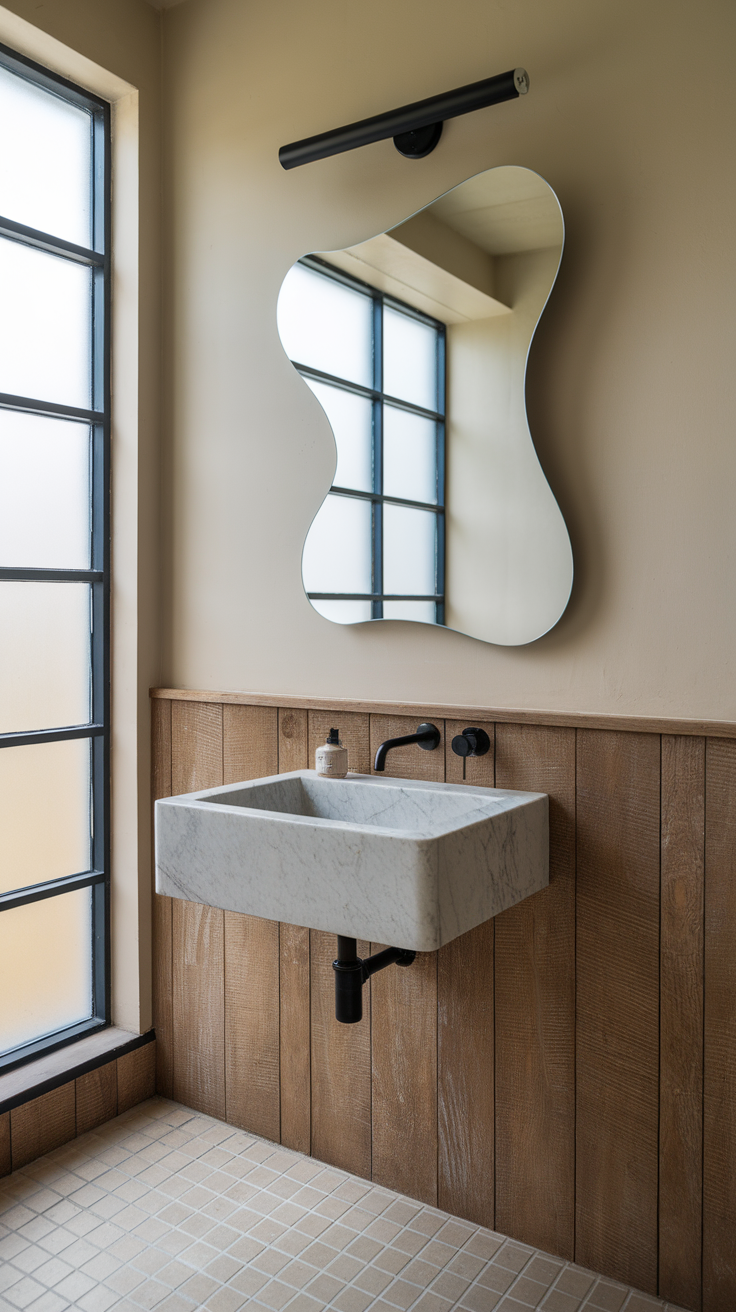 A minimalist bathroom featuring an asymmetrical mirror above a marble sink with wooden paneling.