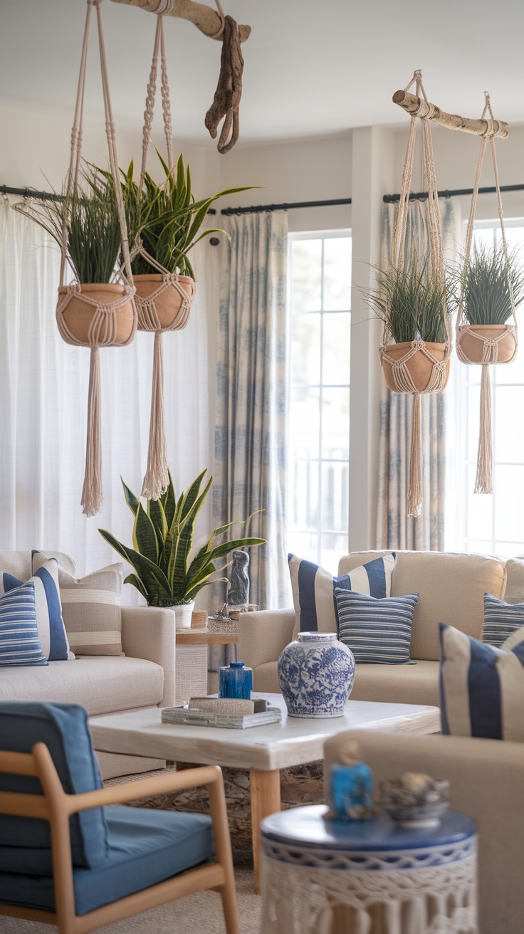 A cozy living room with macrame plant hangers displaying green plants, light-colored sofas, and blue accents.