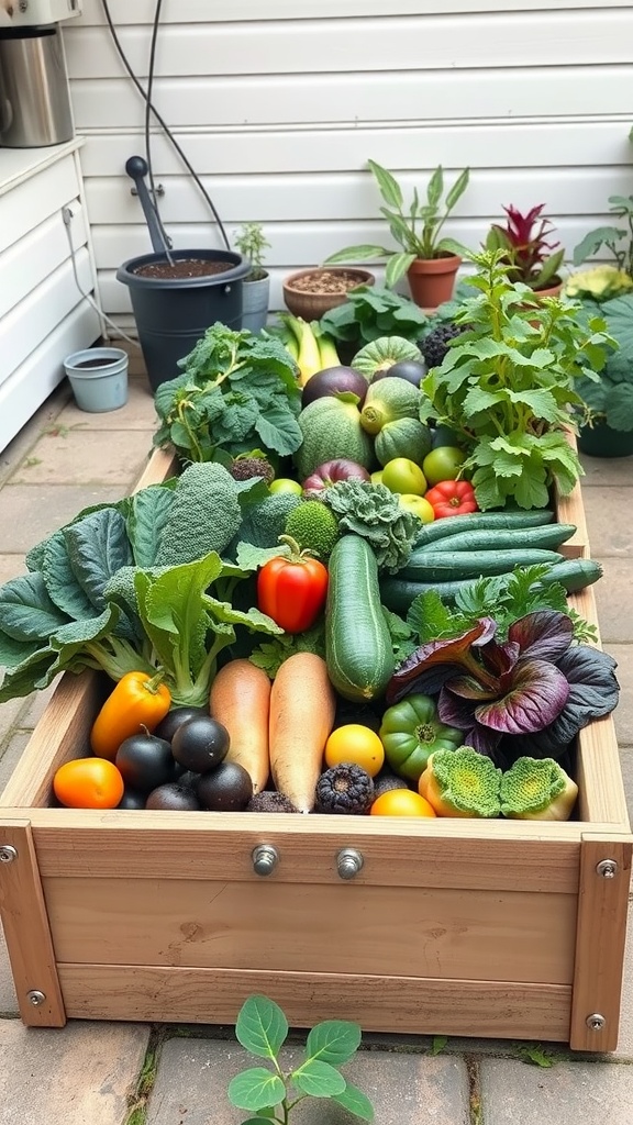 A compact raised garden bed filled with various colorful vegetables