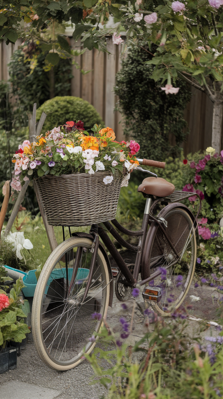 A vintage bicycle with a wicker basket filled with vibrant flowers in a garden.