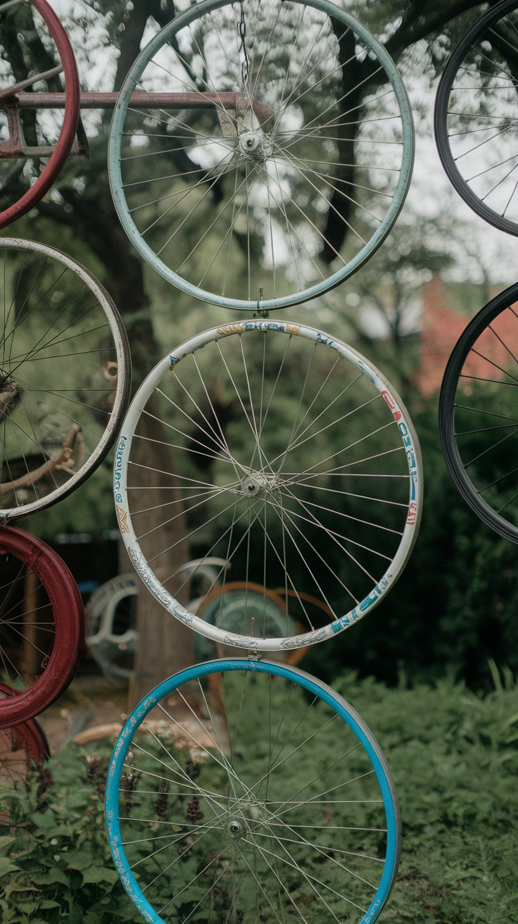 Colorful bike wheels hanging in a garden