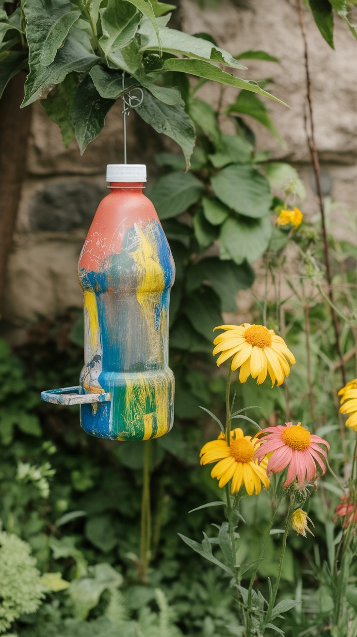 Colorful bird feeder made from a plastic bottle, hanging among vibrant flowers.