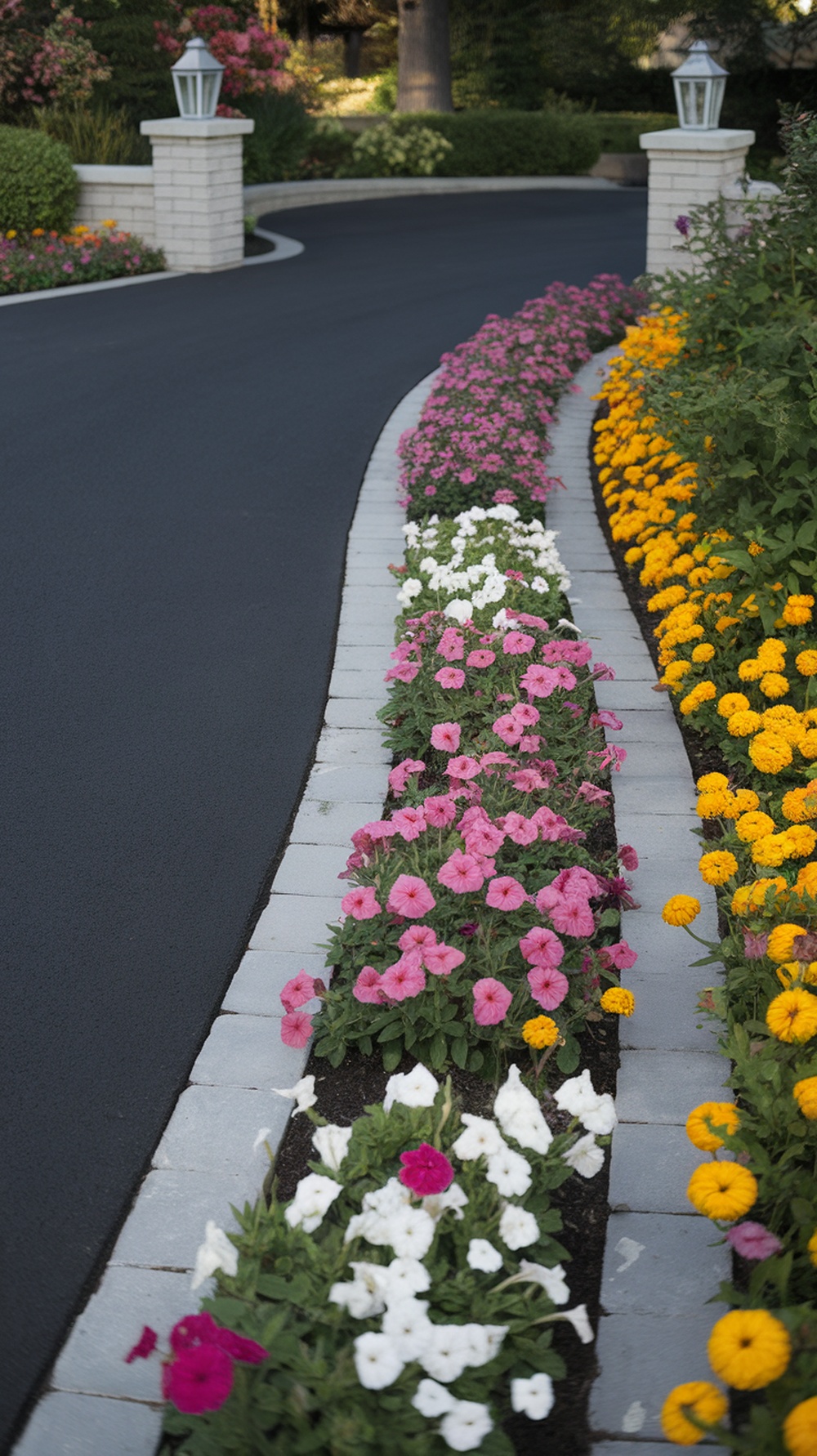 A blacktop driveway bordered by colorful flowering plants, including pink petunias and yellow marigolds, creating an attractive entrance.